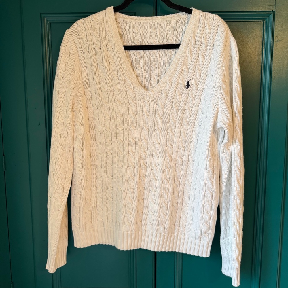 Polo Ralph Lauren Cable Knit Cotton Sweater White Women’s Classic Preppy Sz L